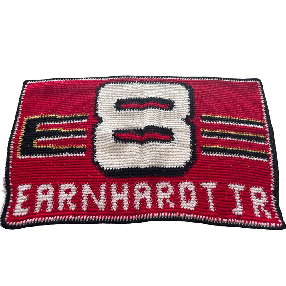Handmade chunky crochet Dale Earnhardt Jr pillowcase vtg red white black racing